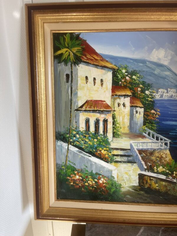 Ancien Tableau Peinture Huile Cadre Doré Provence Méditerranée Italie