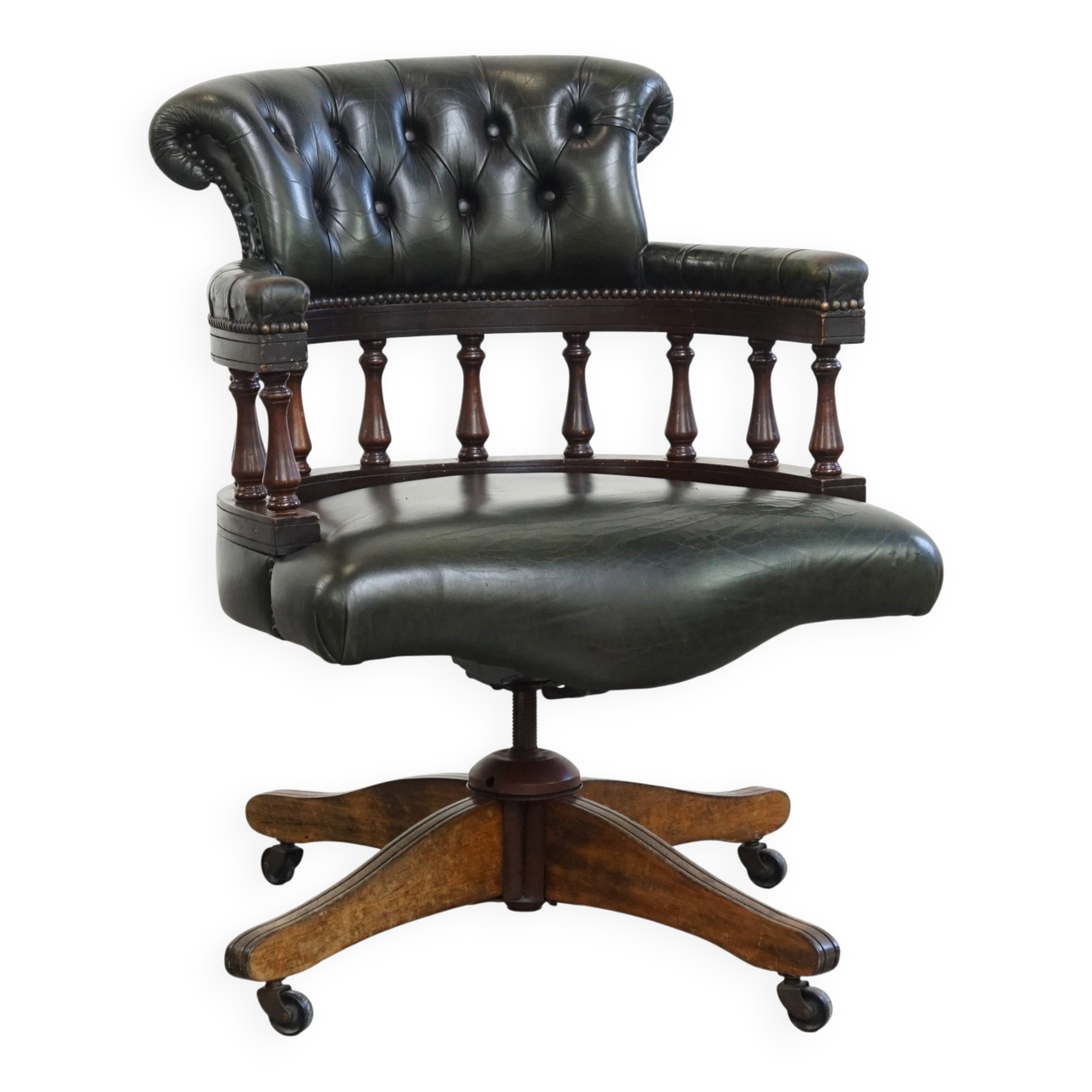 Adjustable green leather and wood Chesterfield office chair with swivel