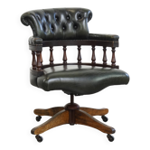 Chaise de bureau Chesterfield en cuir vert et bois réglable avec rotation