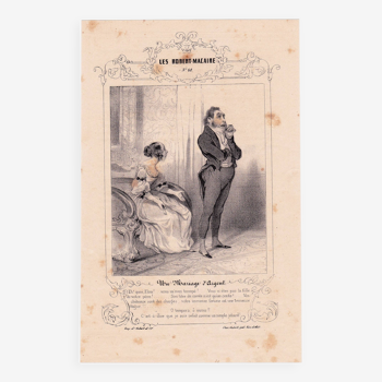 Lithograph XIX Honoré Daumier 1839 A Silver Marriage - Marriage of Reason - Romantic Love