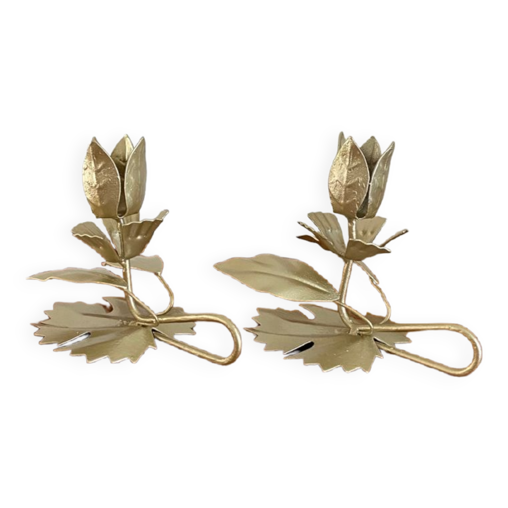 Pair of vintage flower candle holders in gold painted metal