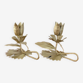 Pair of vintage flower candle holders in gold painted metal