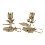 Pair of vintage flower candle holders in gold painted metal