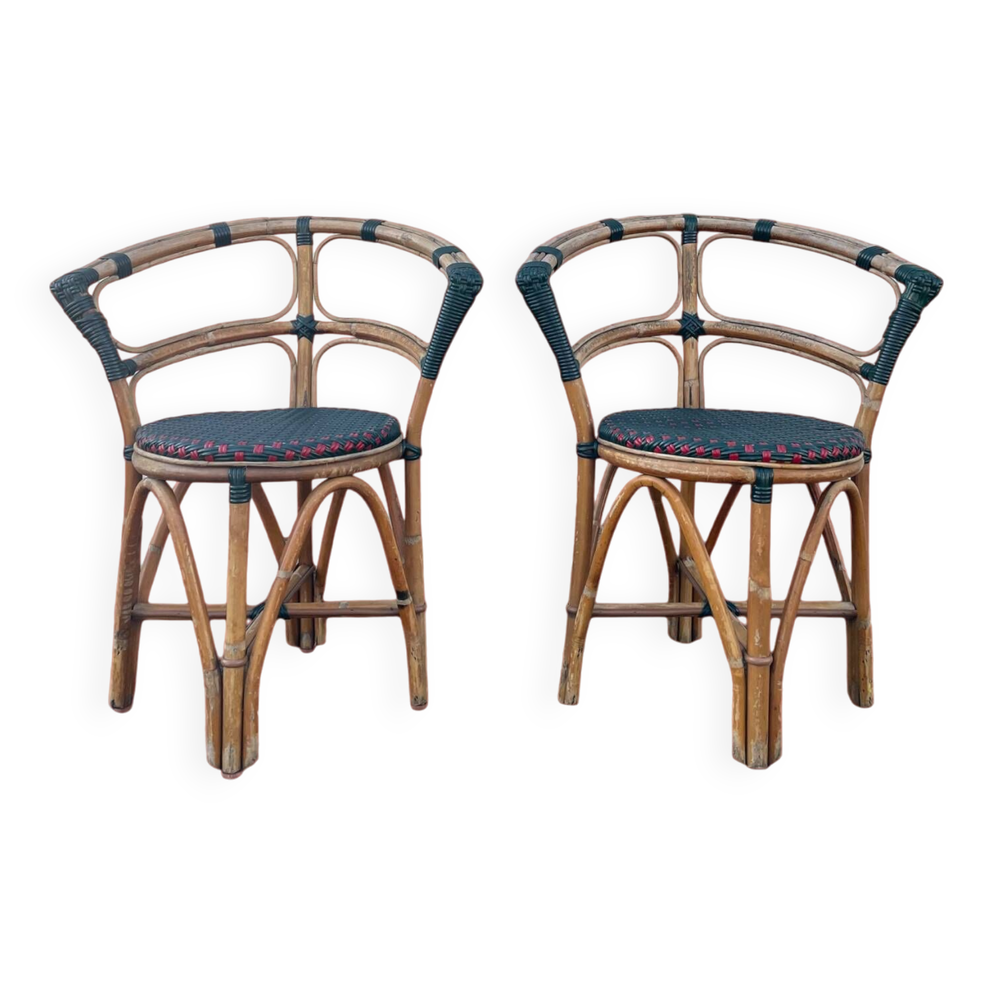 Pair of bistro chairs in bamboo and two-tone weaving