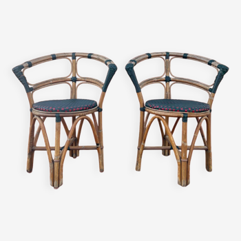 Paire de chaises de bistrot en bambou et tressage bicolore
