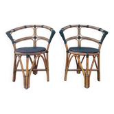Paire de chaises de bistrot en bambou et tressage bicolore
