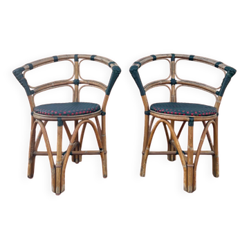Pair of bistro chairs in bamboo and two-tone weaving