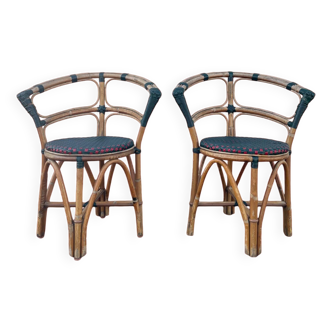 Paire de chaises de bistrot en bambou et tressage bicolore