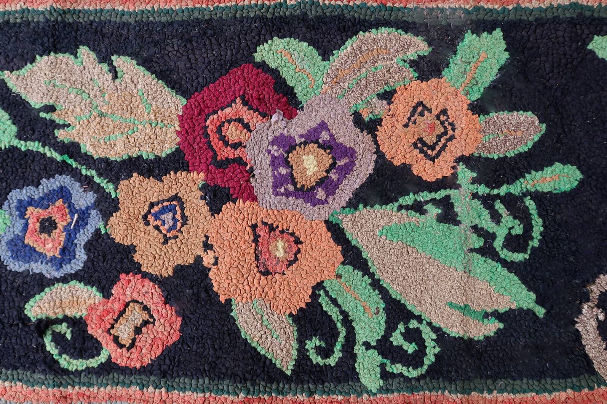 Tapis ancien fait main American Hooked 65cm x 168cm - 1C989
