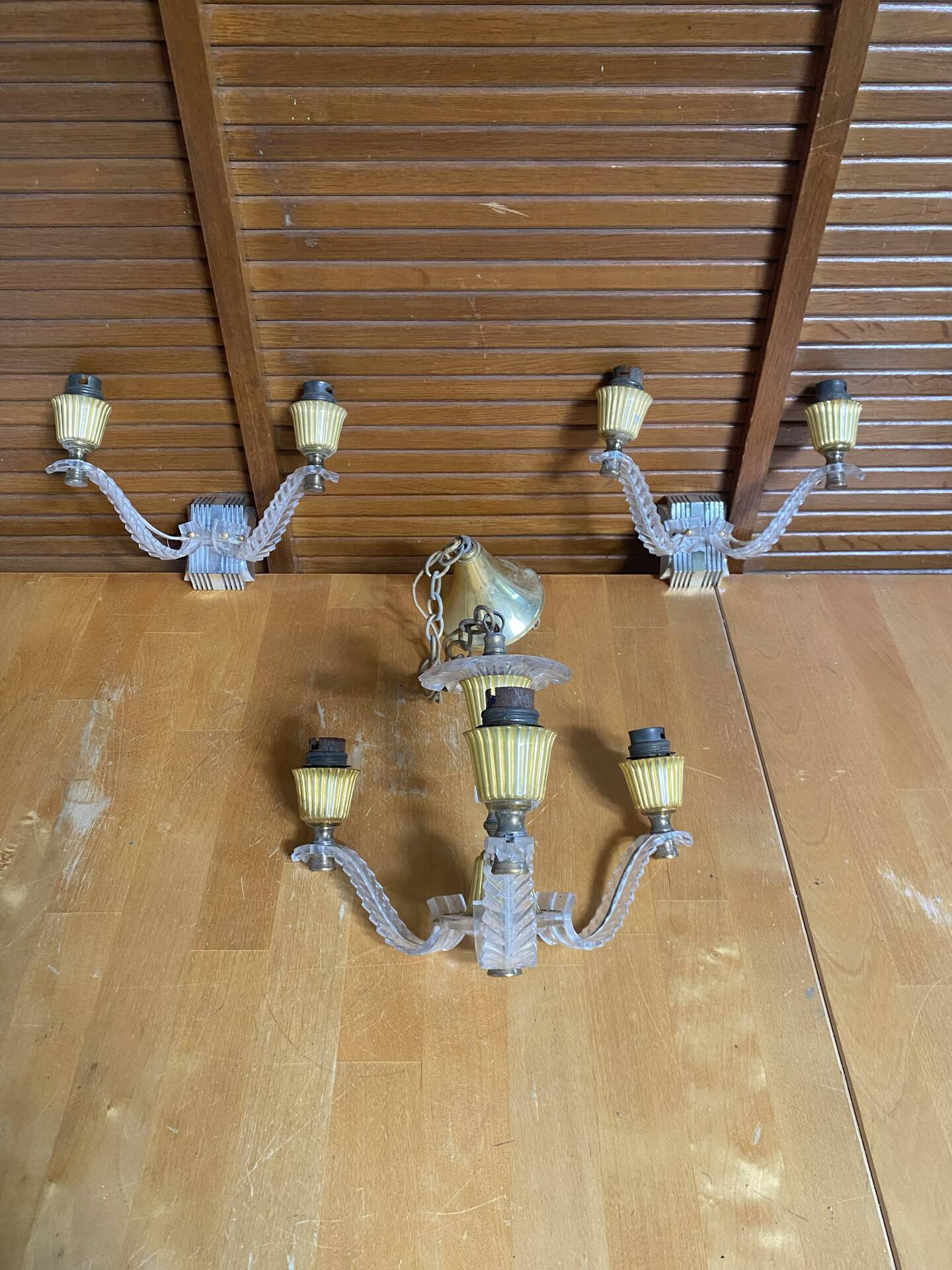 Chandelier + pair of wall lights in the old style jules leleu gilded + perspex plexi