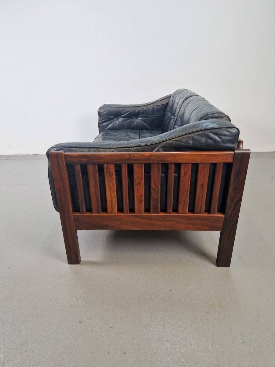 Mid-Century Modern Scandinavian Monte Carlo Sofa in Black Leather and Wood by Ingvar Stockum, 1965