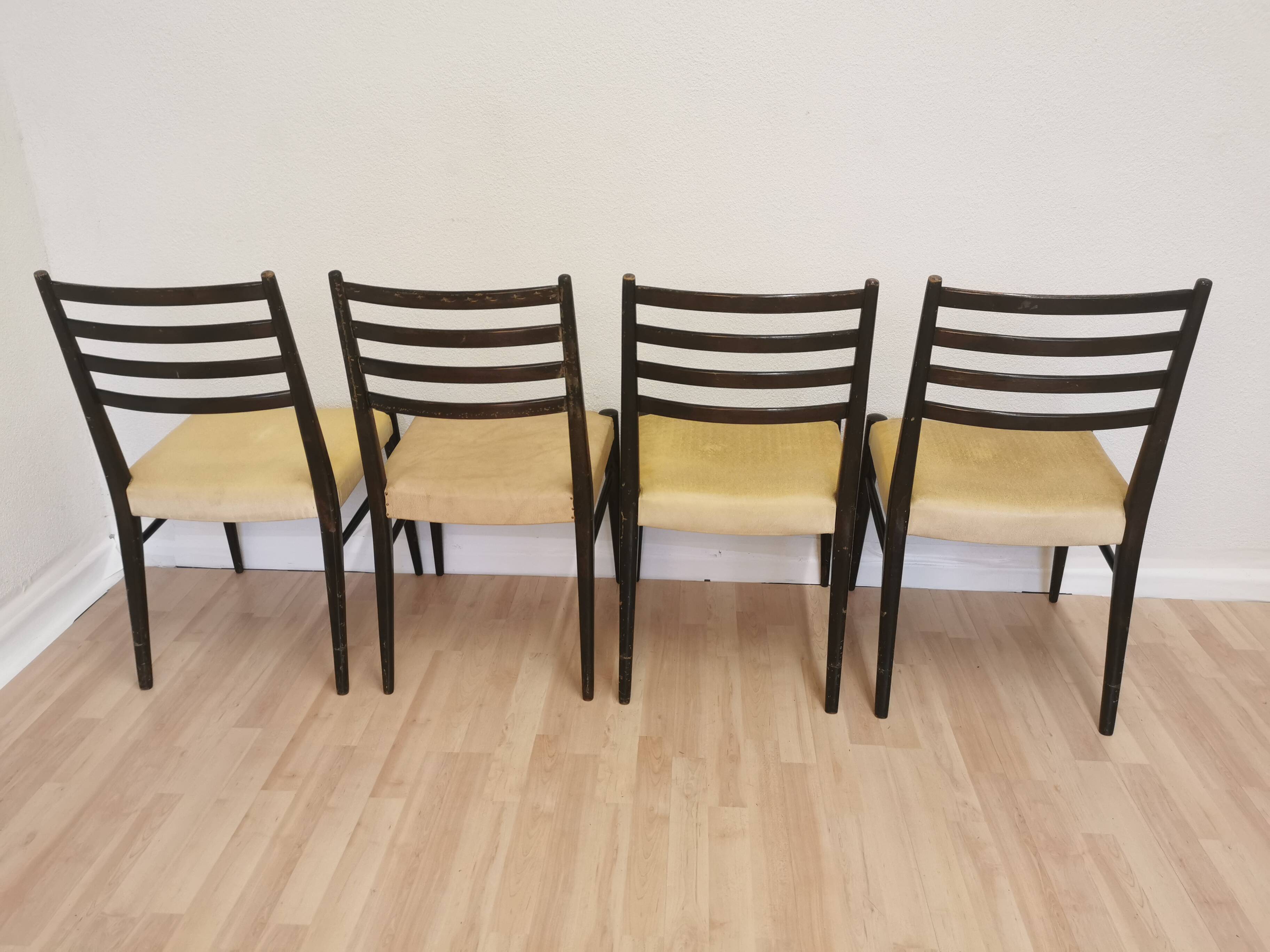 Set of 4 Vintage Wooden Dining Chairs: Beige Faux Leather, Mid-Century Retro