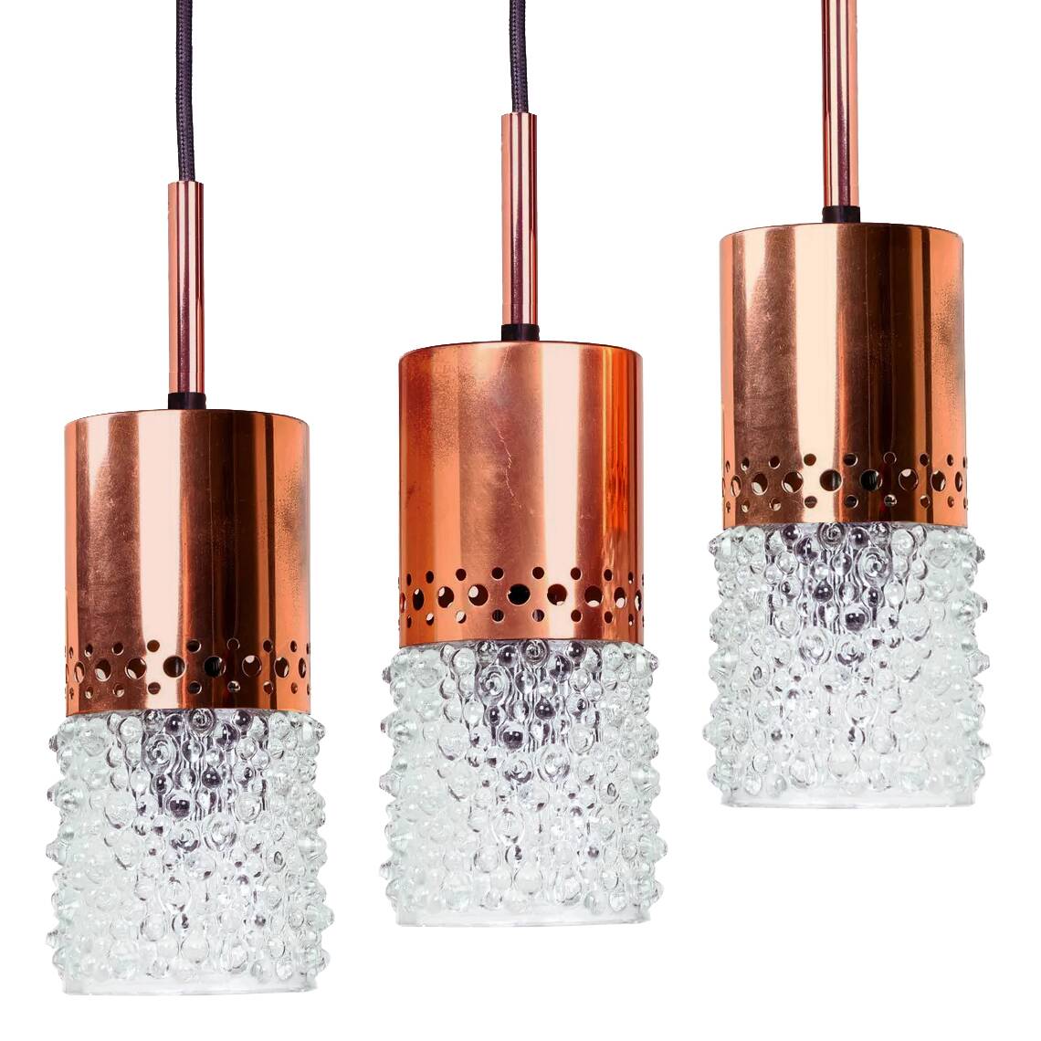 Set of 3 copper and bubble glass pendant lights by VEB NARVA Leuchten, ann