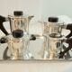 Art Deco coffee and tea service, silver-plated metal tray.