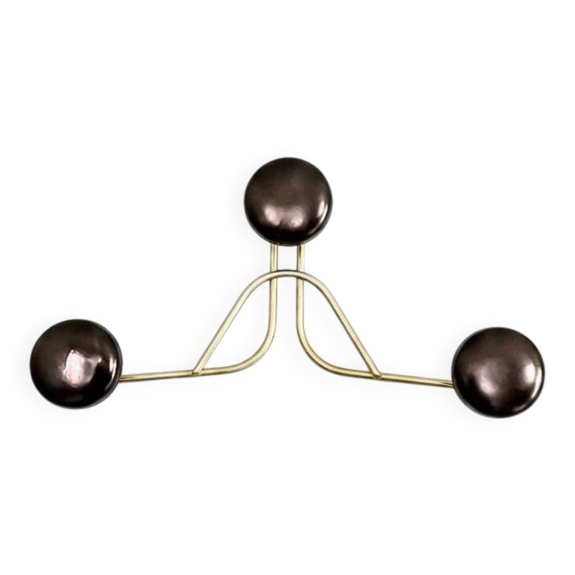 Golden brass coat rack with 3 black vintage hooks from the Mid Century 1950-60.