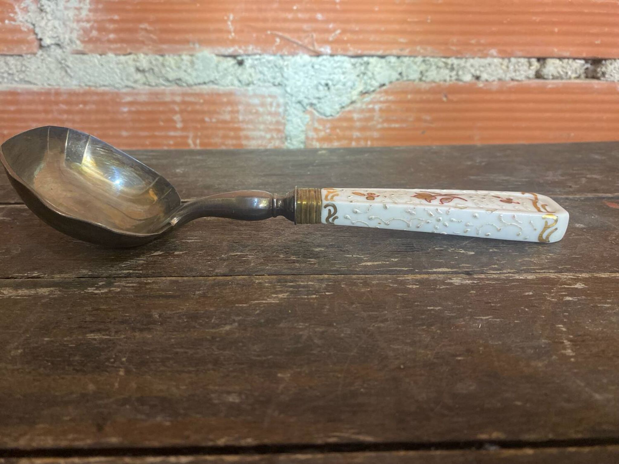 Old Silver-Plated Metal Serving Spoon + Porcelain Handle