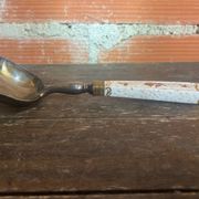 Old Silver-Plated Metal Serving Spoon + Porcelain Handle