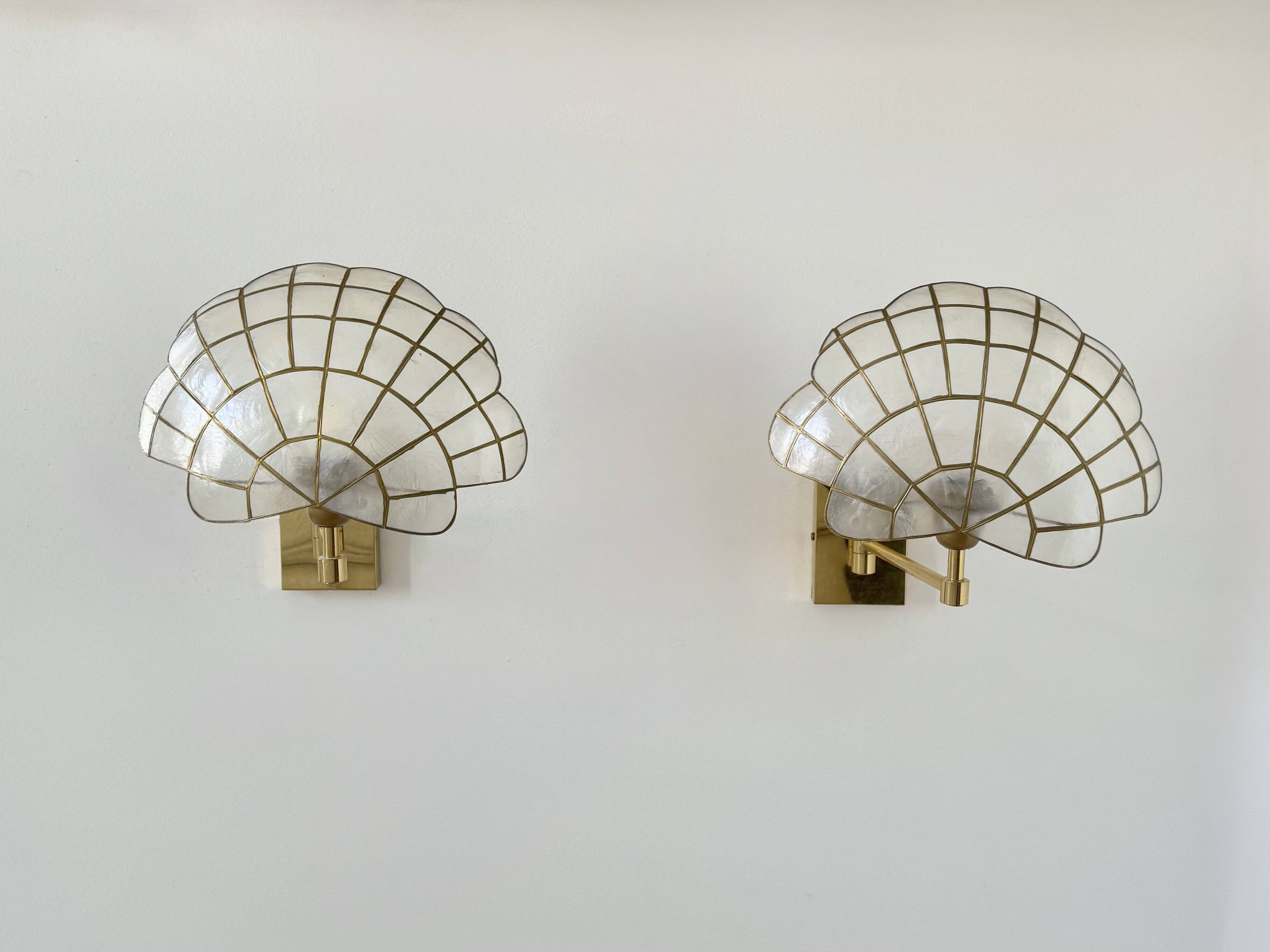 Pair of adjustable vintage wall lights, brass and mother-of-pearl, France, 1980.