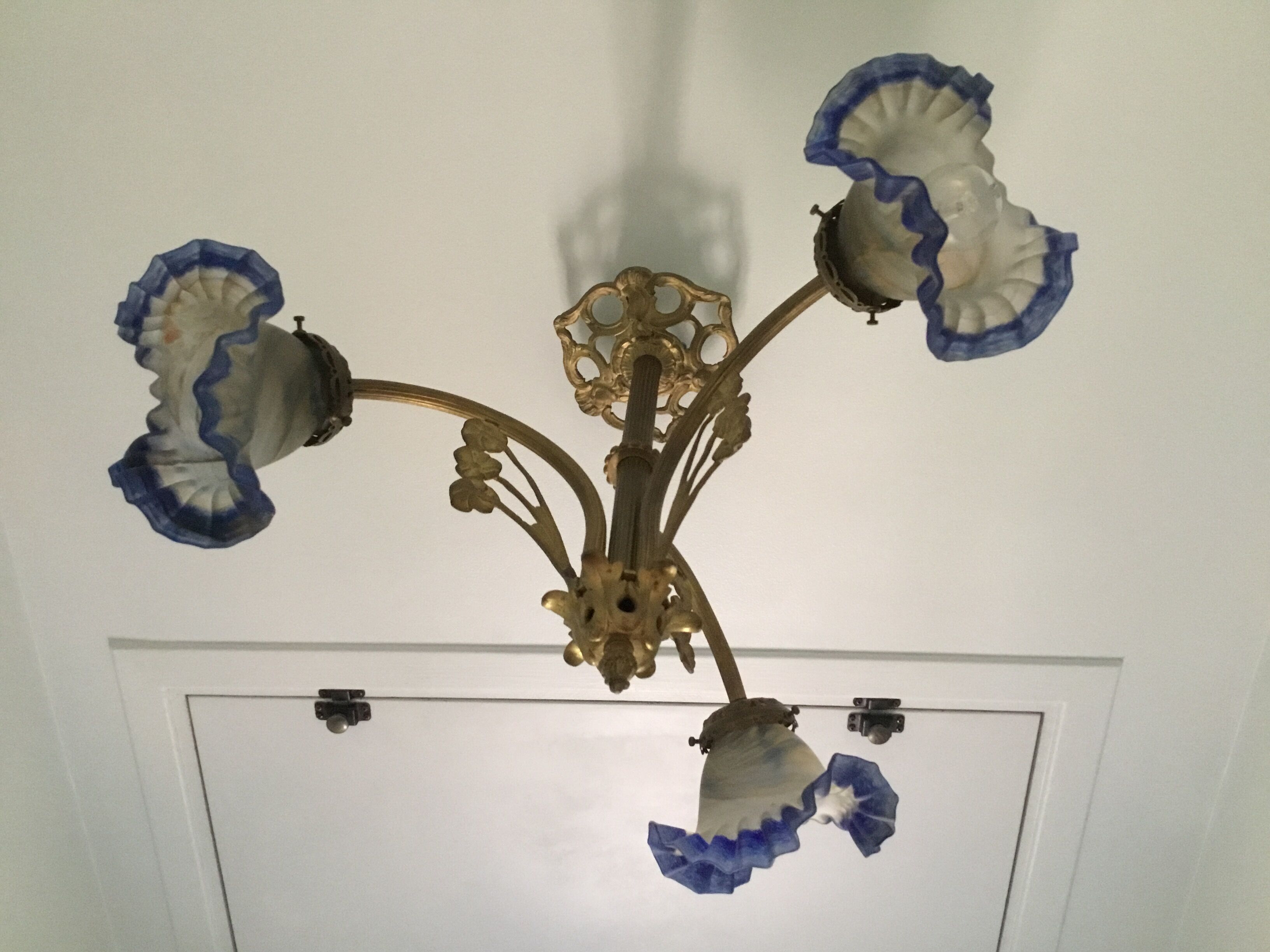 Art Deco style chandelier, bronze and glass paste tulips