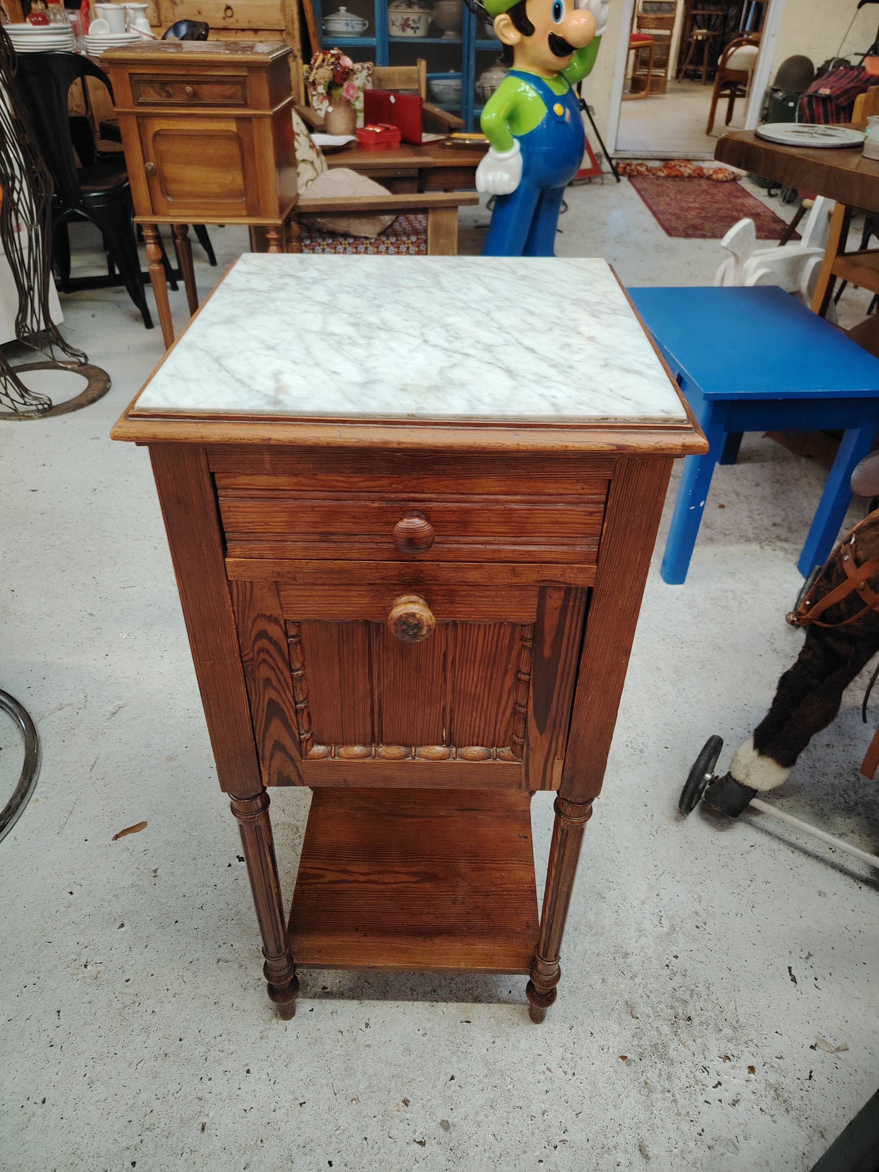 Antique bedside table in solid wood and marble – 19th century