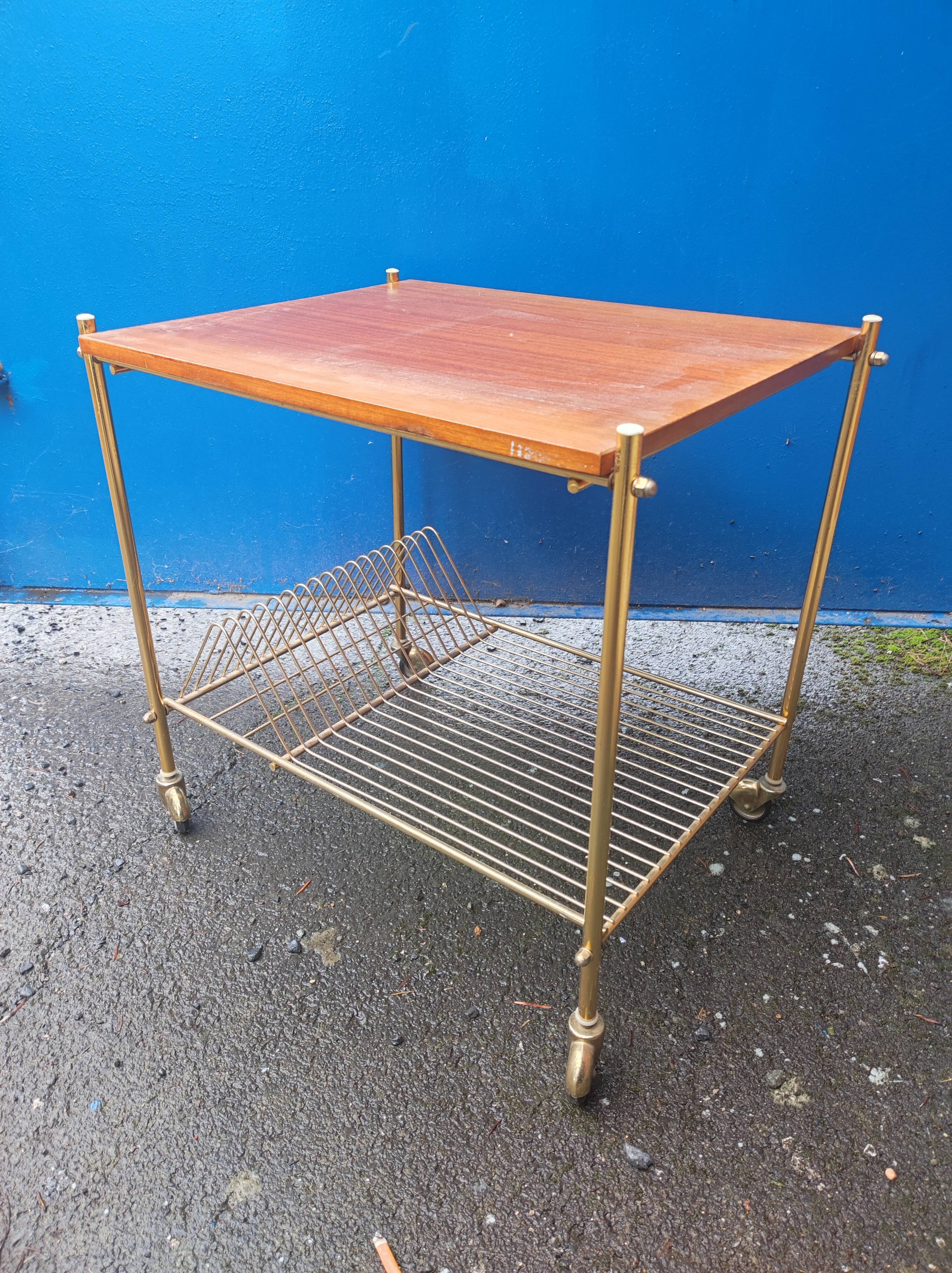 Serving table with wheels vinyl record holder steel file gilded wood vintage
