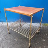 Serving table with wheels vinyl record holder steel file gilded wood vintage