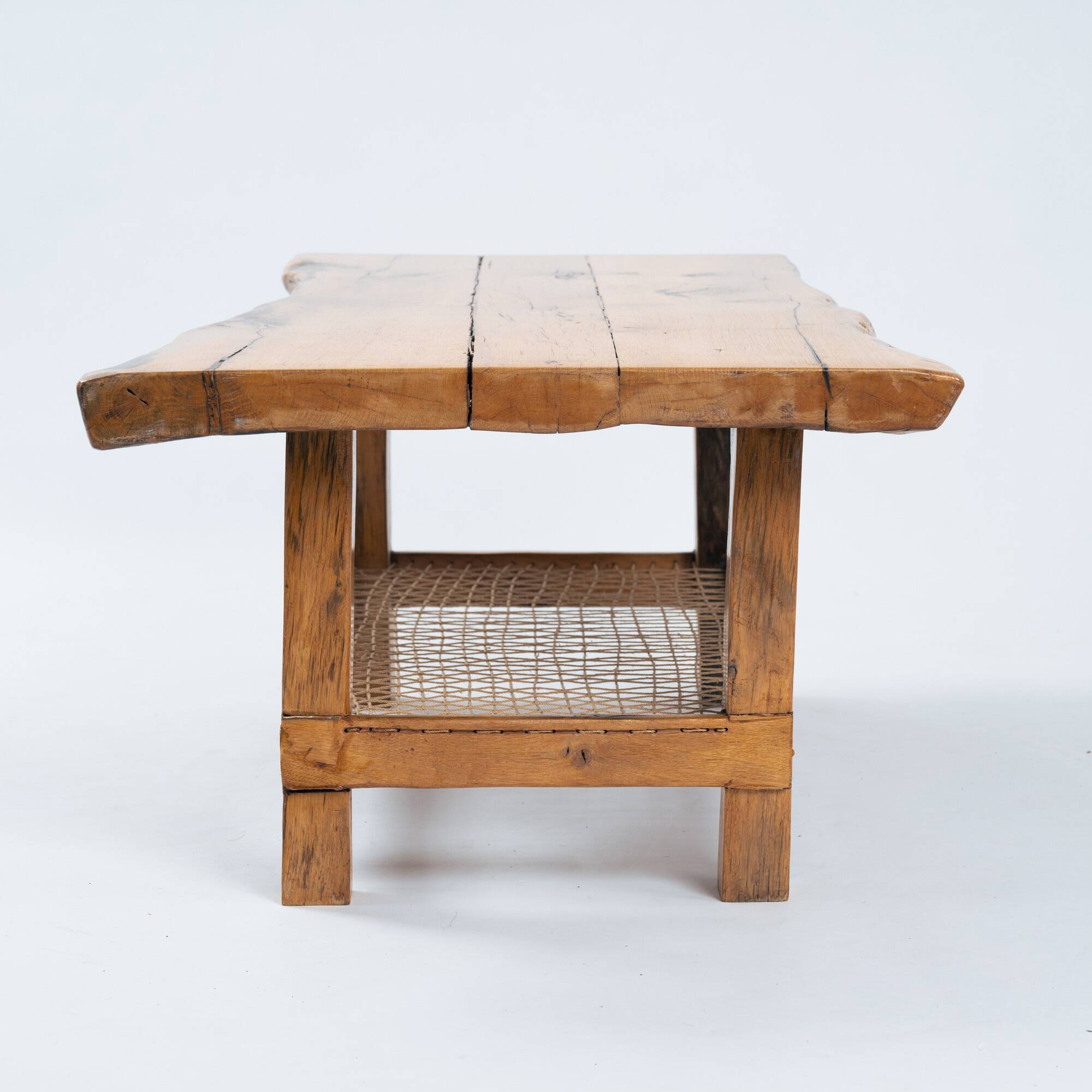 Oak coffee table with lower rope shelf, 1970s