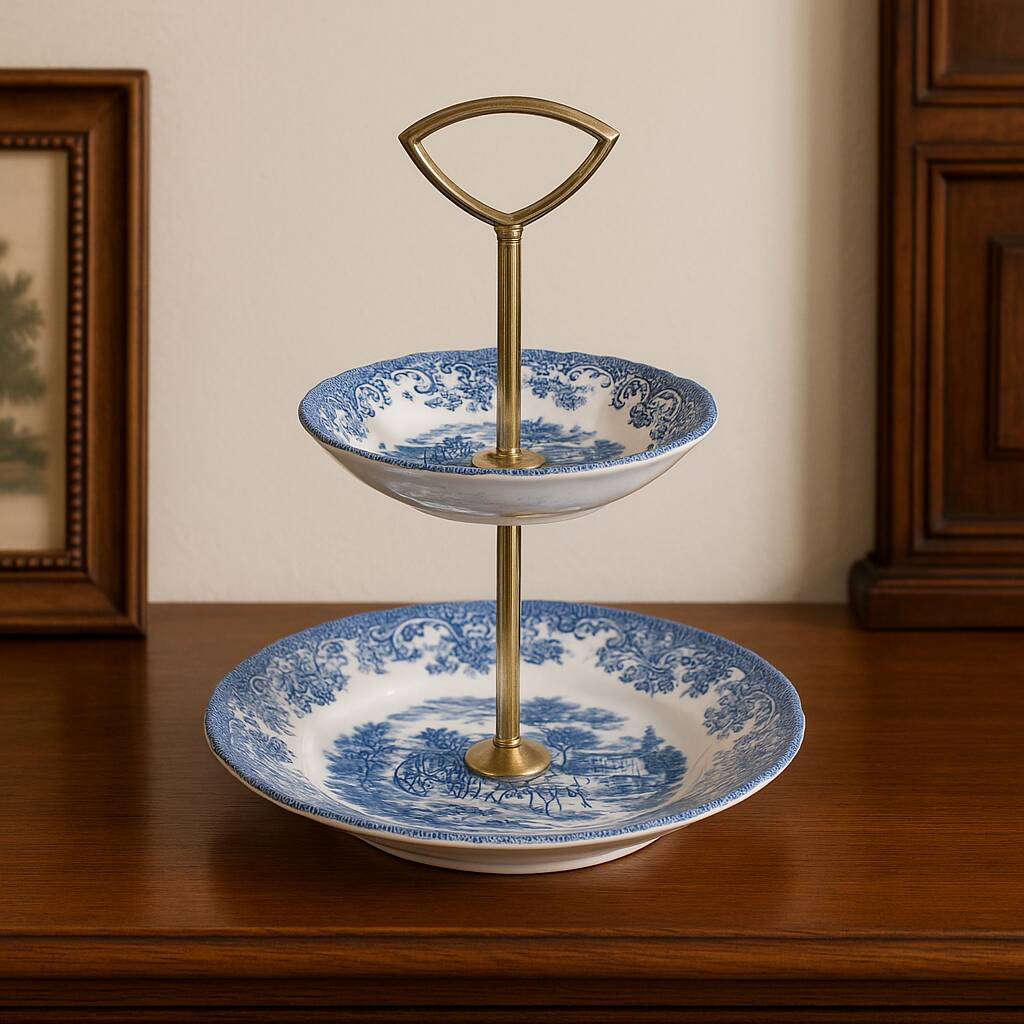 Johnson Bros. Two-Tier Serving Dish – “Coaching Scenes” – Blue English Earthenware