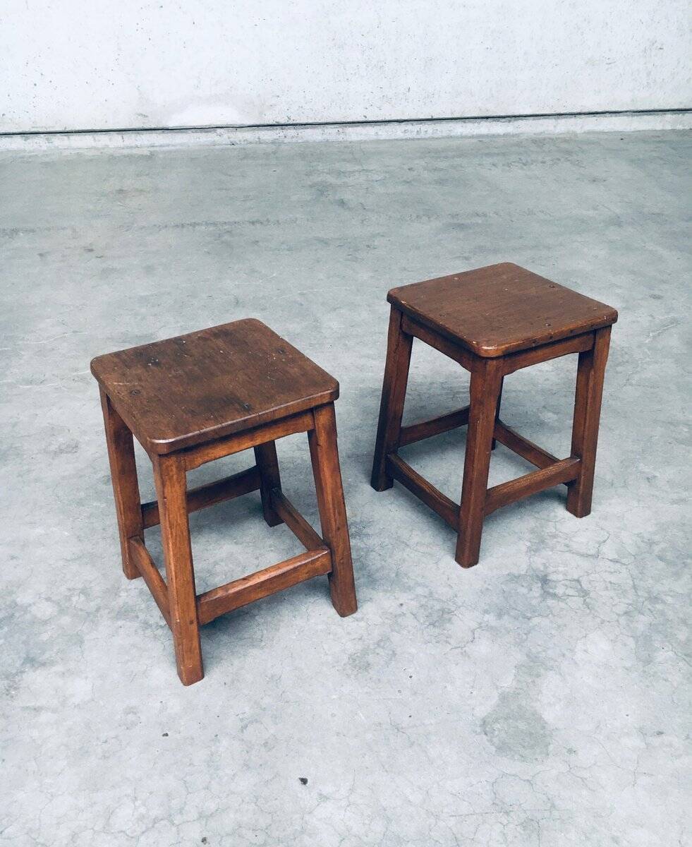 Set of Belgian Handcrafted Wooden Stools, 1940s