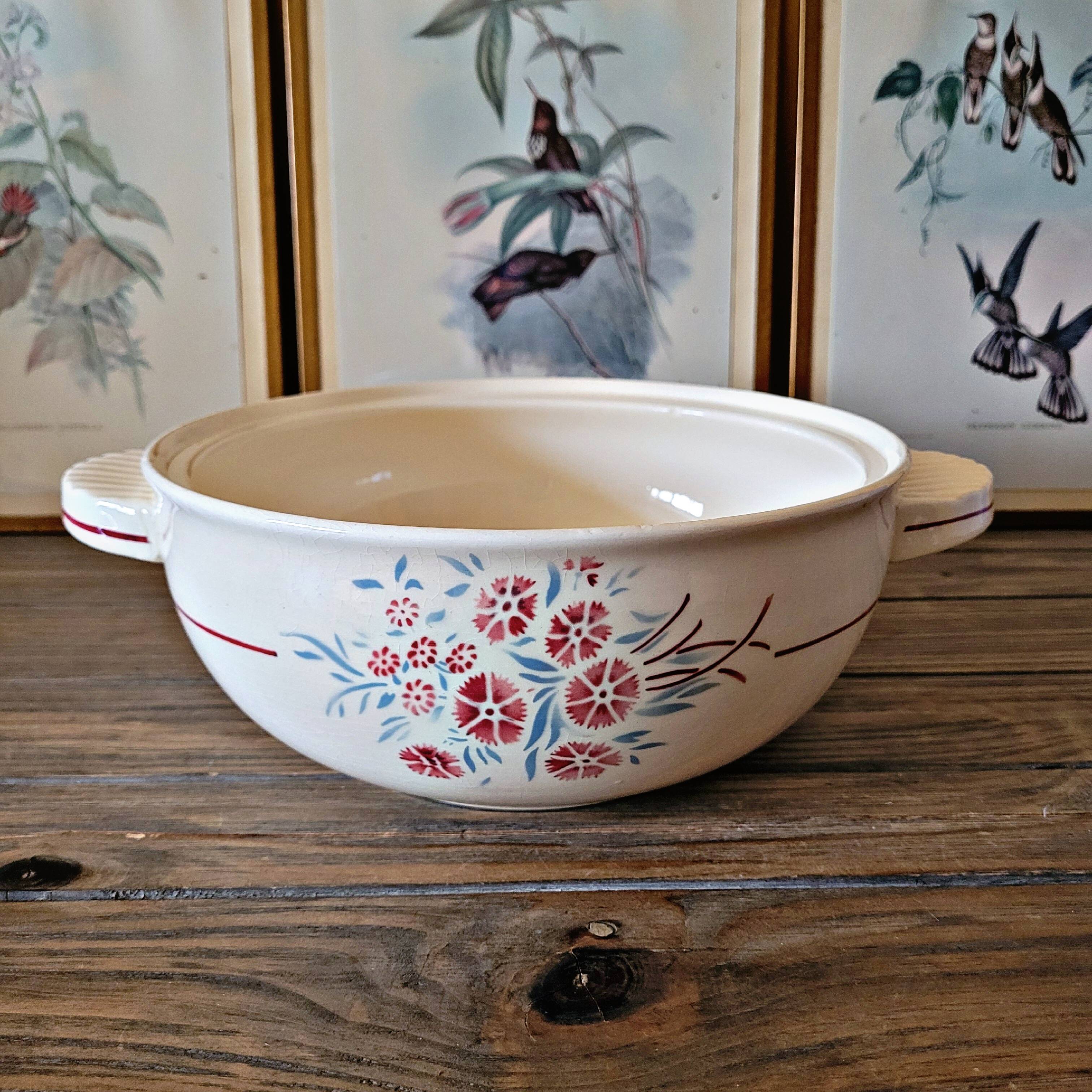 Salad bowl with handles Badonviller Francine vintage, earthenware floral decoration
