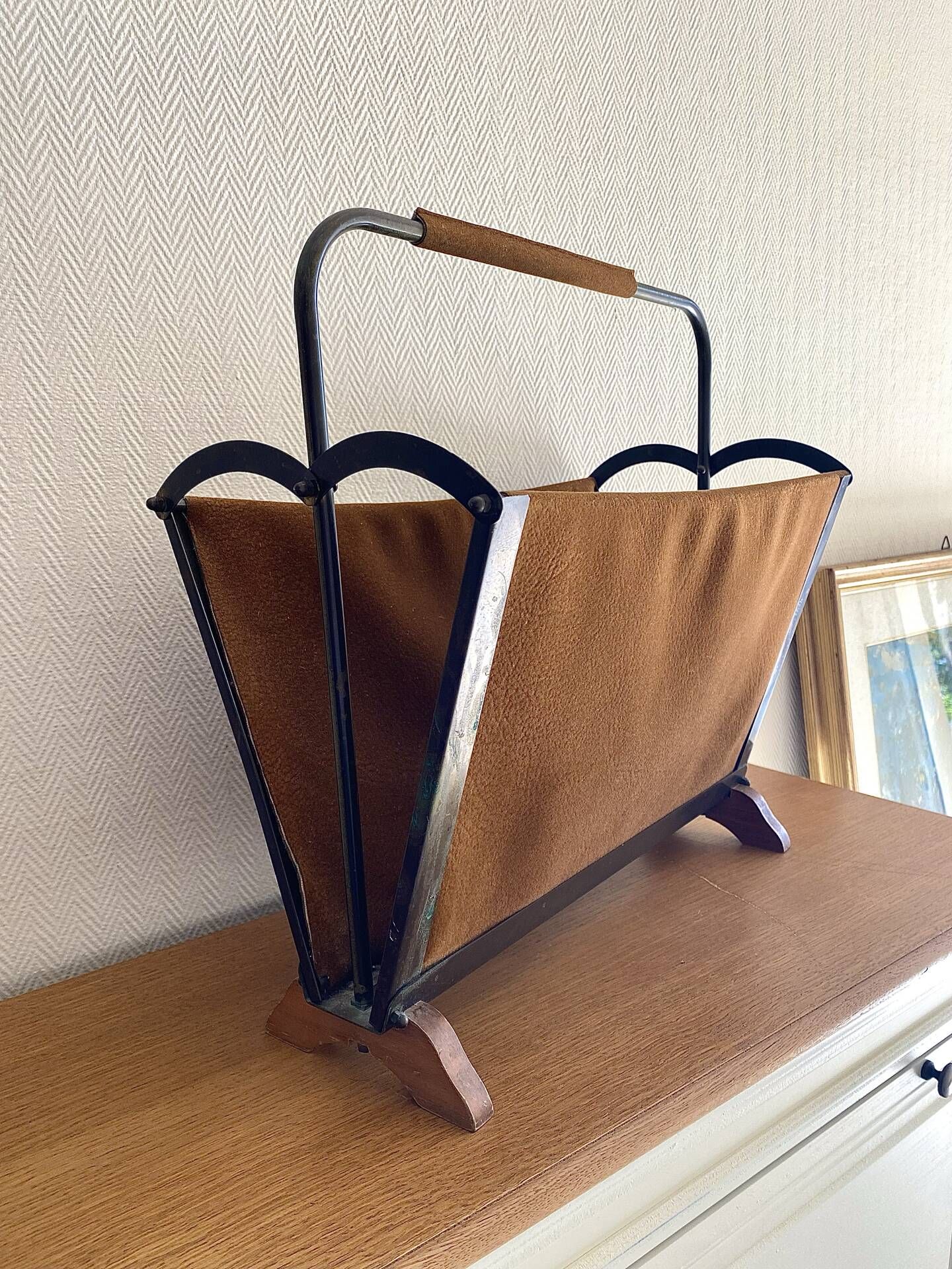 Vintage magazine rack from the 1950s, leather, brass, wood.