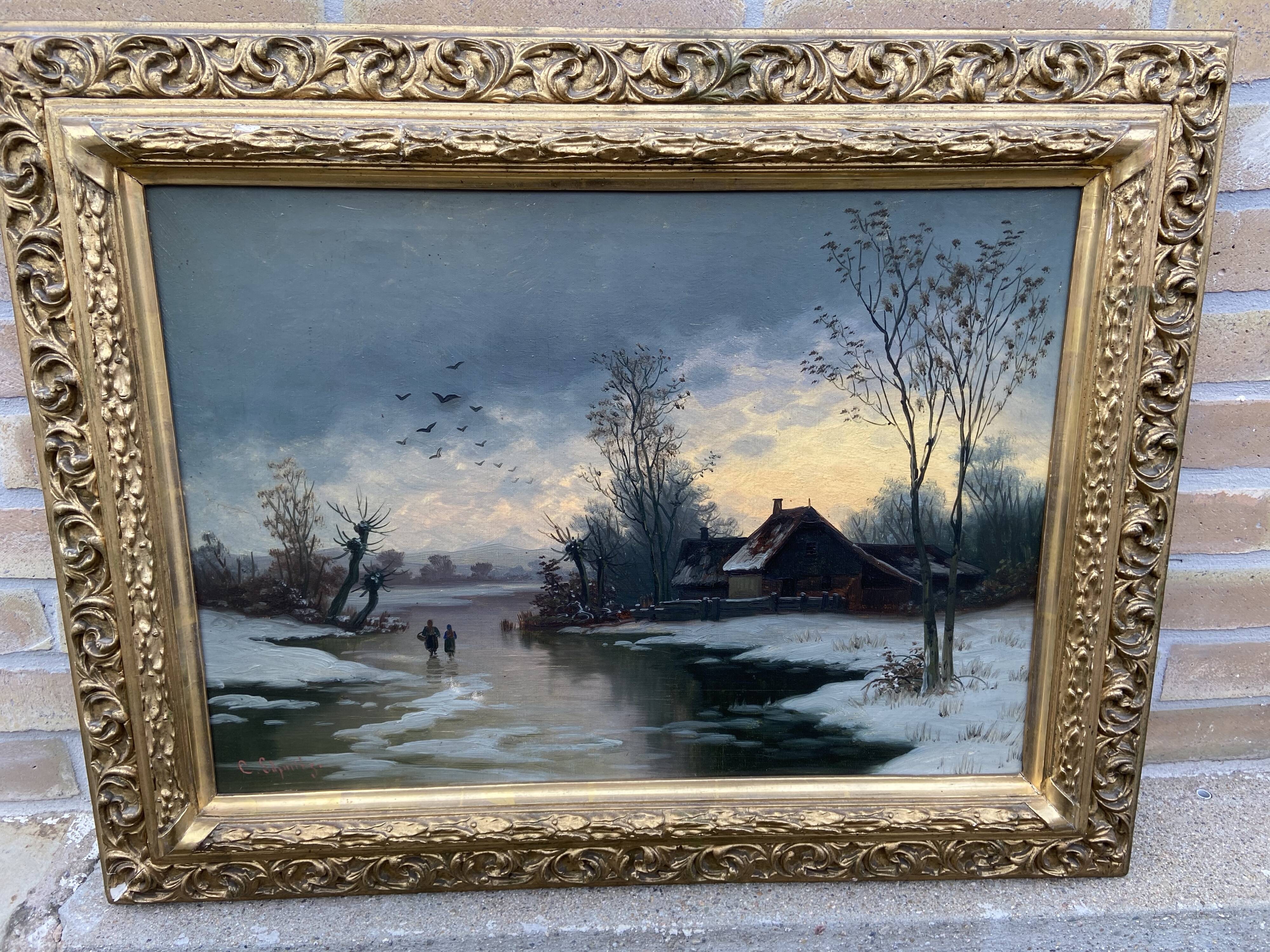 Table oil on canvas french Oil on canvas XIX Eme School of Barbizon Signed SCHMITZ