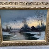 Table oil on canvas french Oil on canvas XIX Eme School of Barbizon Signed SCHMITZ