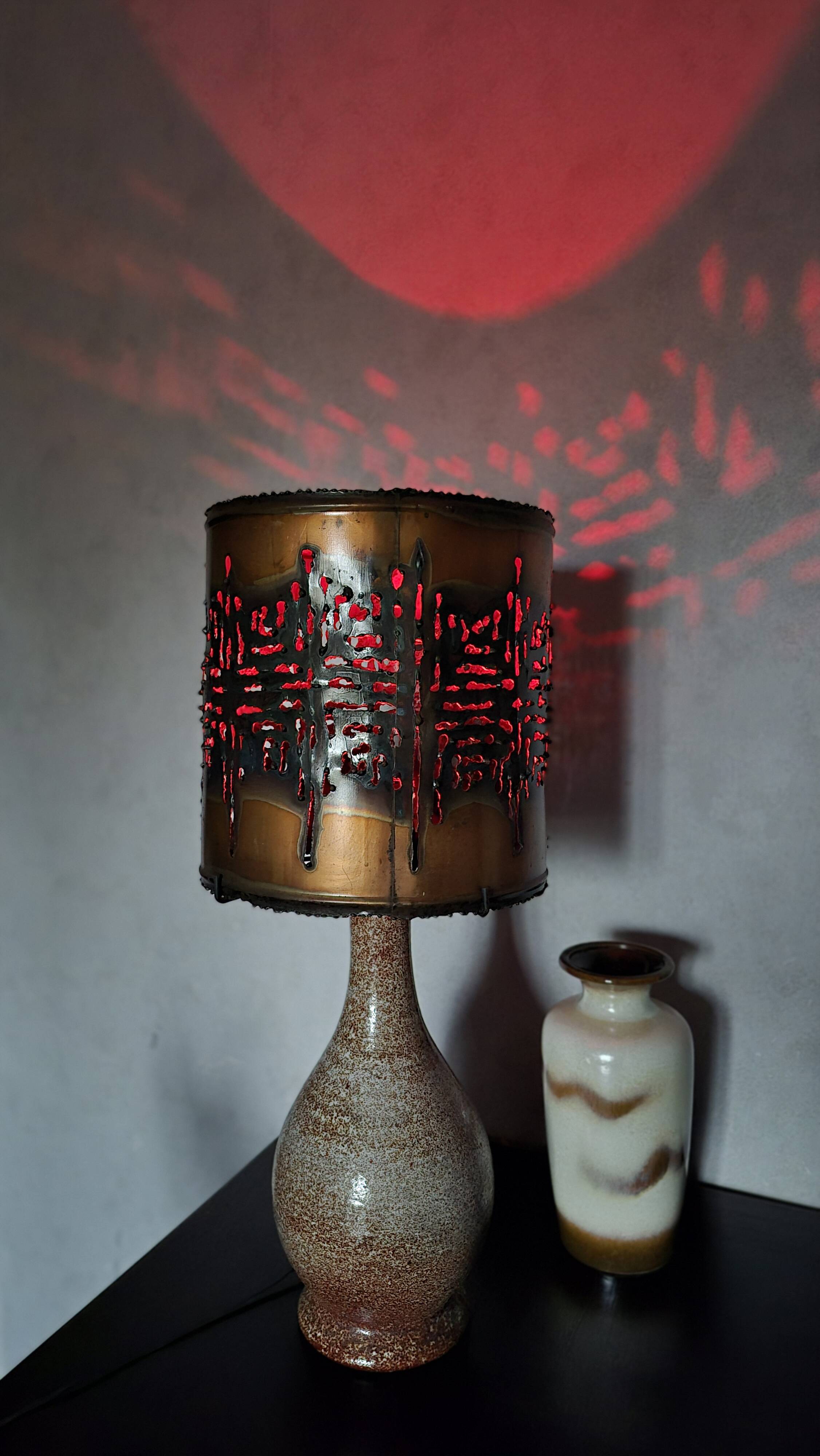 Large vintage Accolay lamp with flamed ceramic and metal shade.