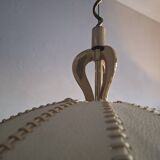 Large leather, vellum and brass Italian cocoon chandelier, Italy 1950s