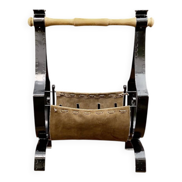 Antique wrought iron, wood and suede magazine rack - 4.1 kg - 1950s