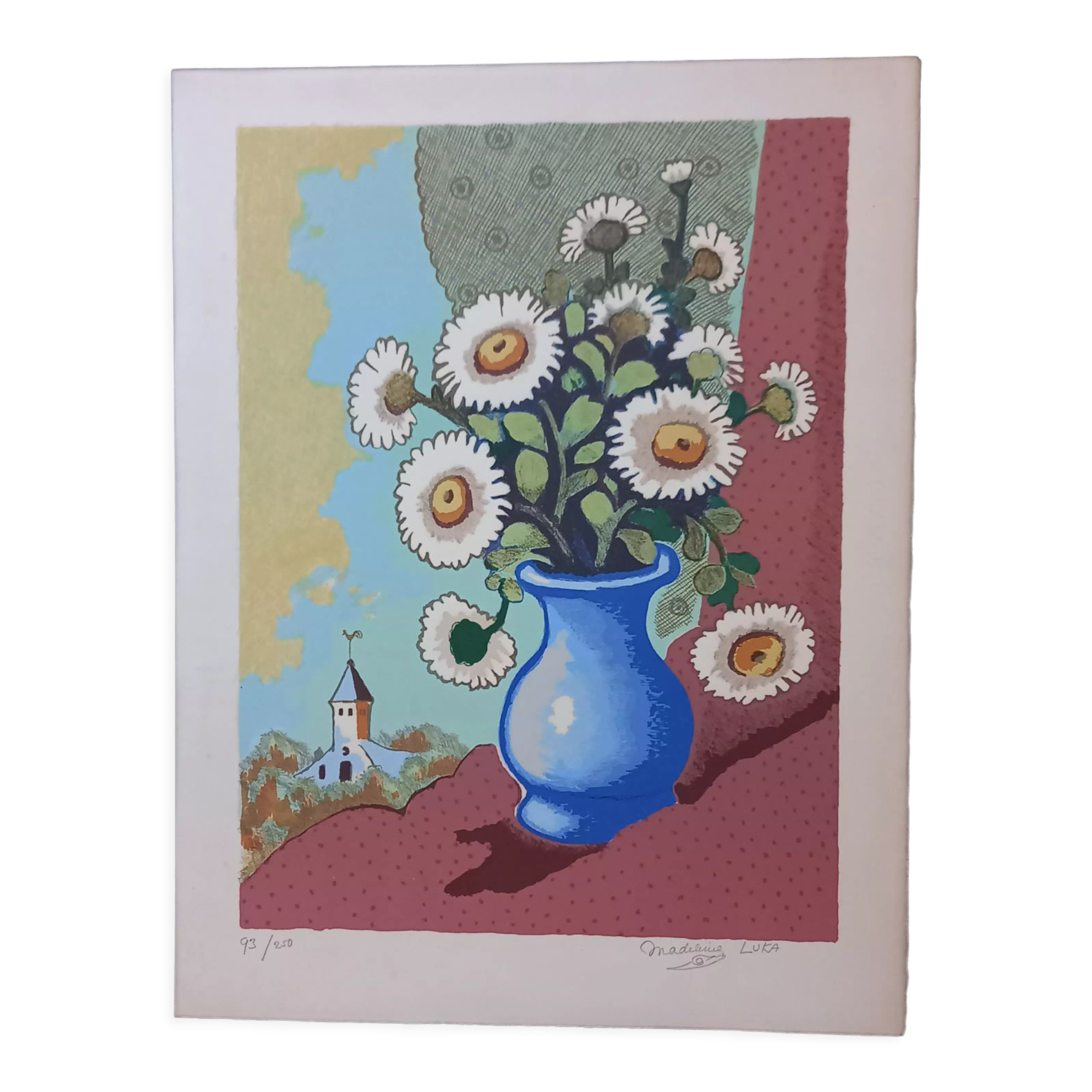 Original lithograph by Madeleine Luka (1894-1989), "Bouquet of flowers", 1965