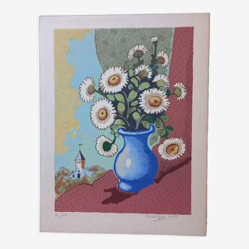Original lithograph by Madeleine Luka (1894-1989), "Bouquet of flowers", 1965