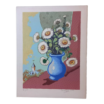 Original lithograph by Madeleine Luka (1894-1989), "Bouquet of flowers", 1965