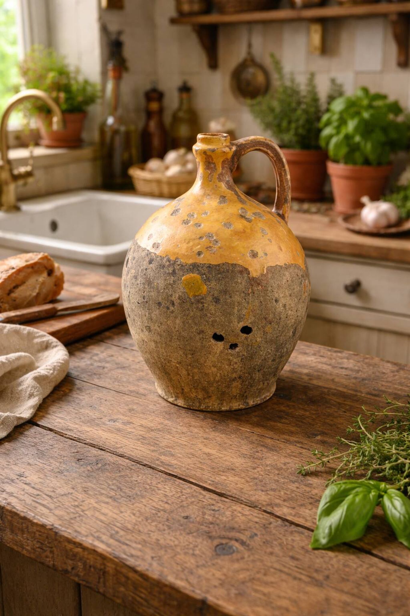 Old Provençal glazed terracotta jug – 19th century – authentic patina