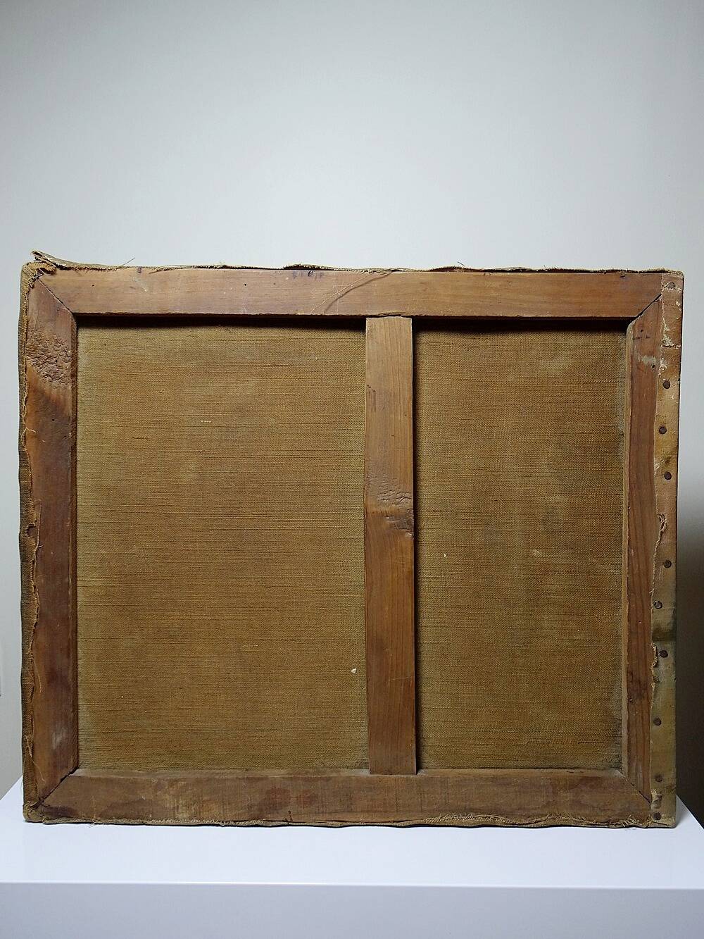 Large painting farm on pond old 19th century signature oil on linen canvas