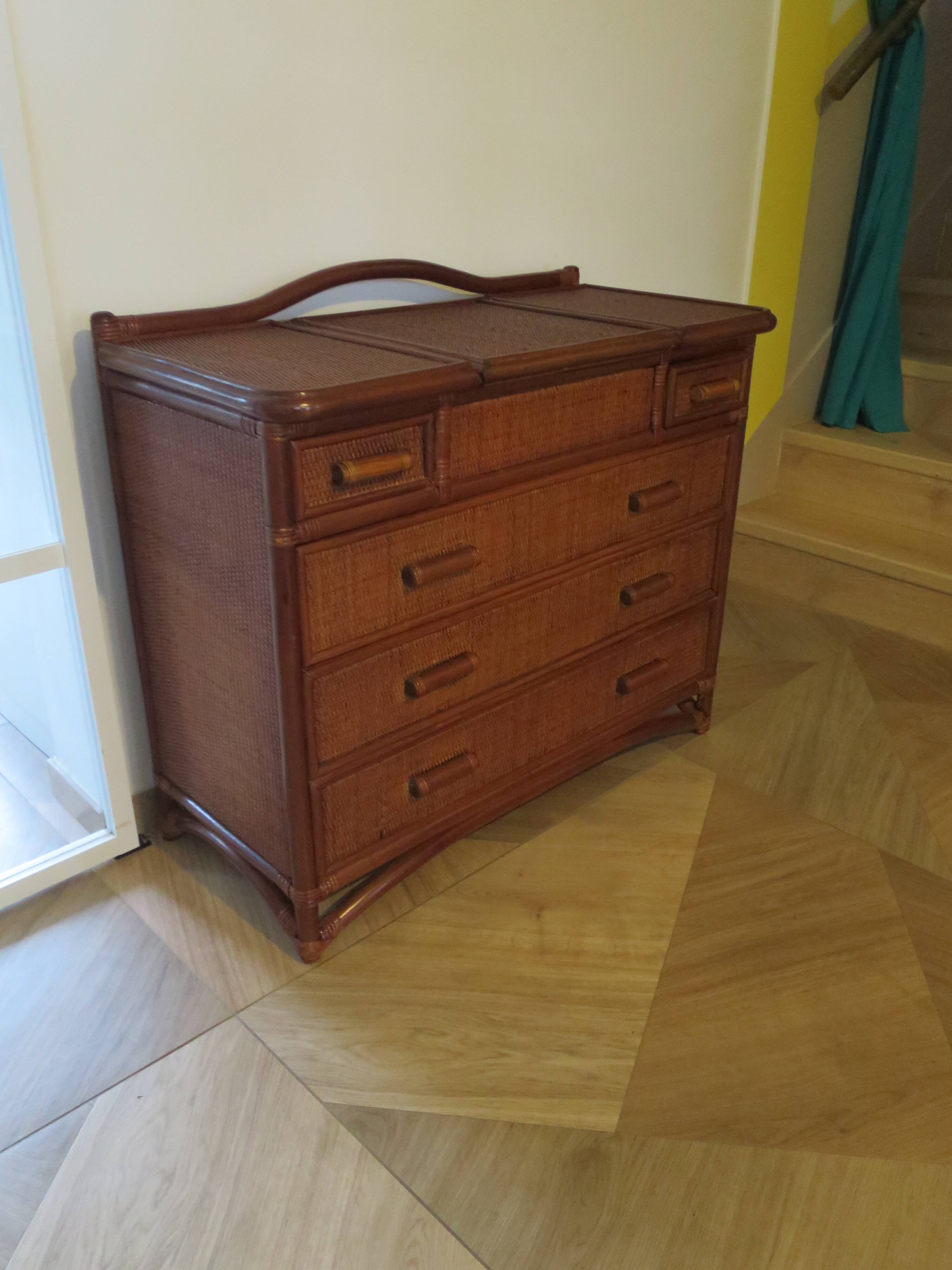 Vintage dressing table/chest - woven rattan - 5 drawers - mirror - 1960s/70s