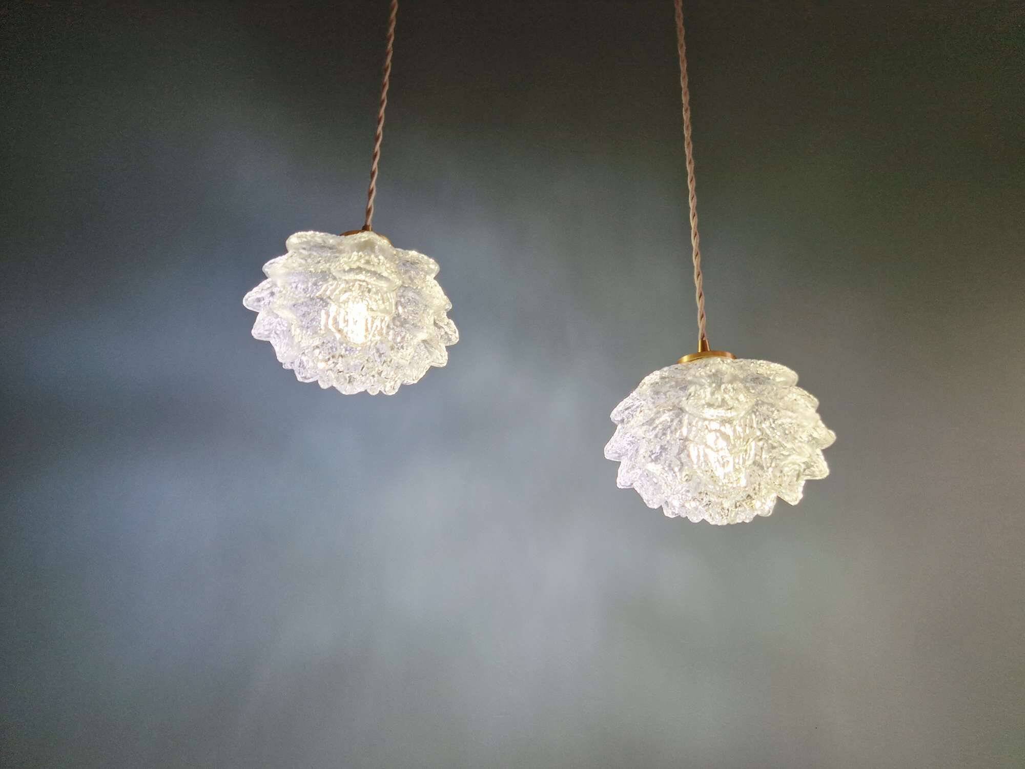 Pair of frosted glass pendant lights, artichoke-shaped, 1960s.