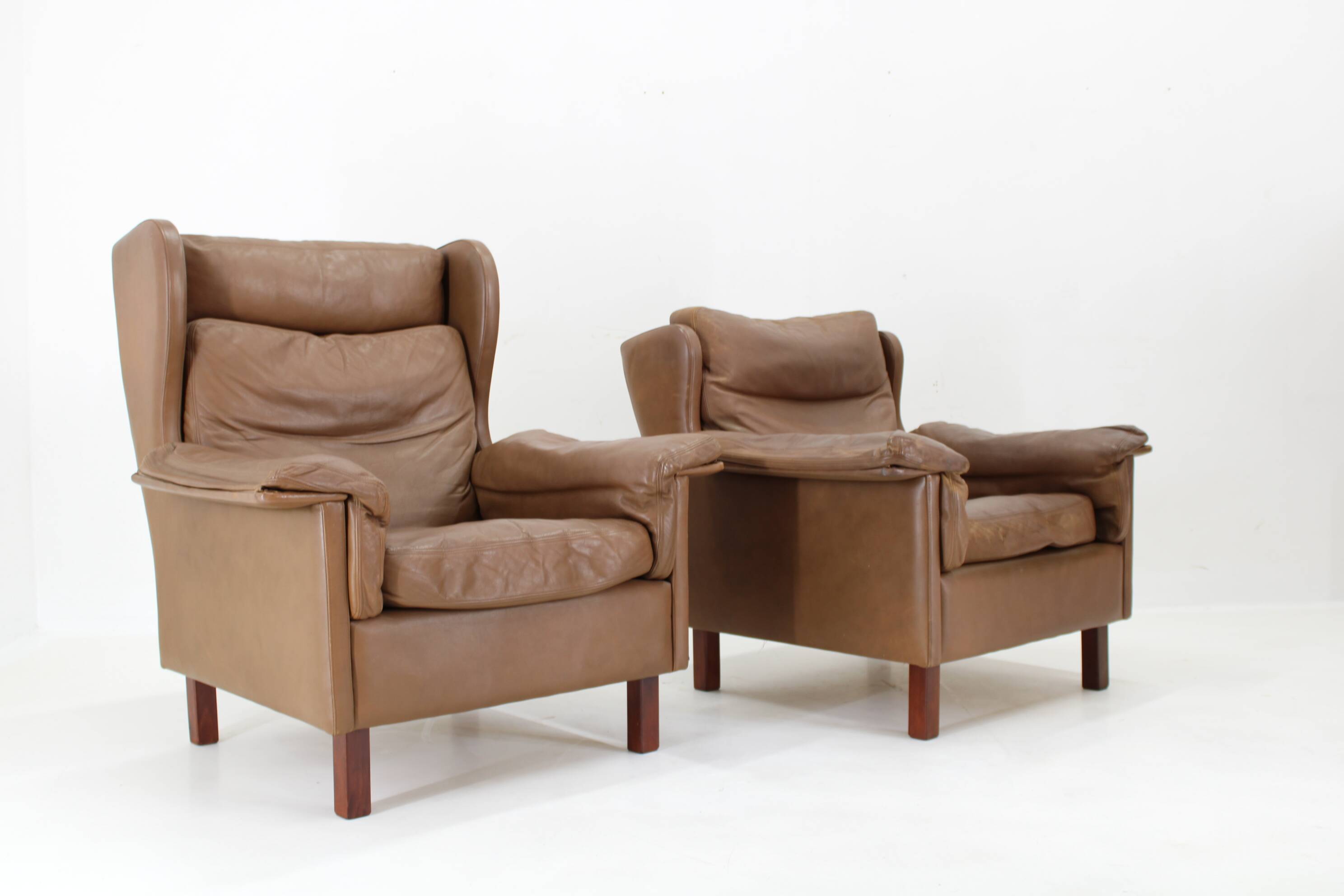1970s Pair of Brown Leather Armchairs, Denmark