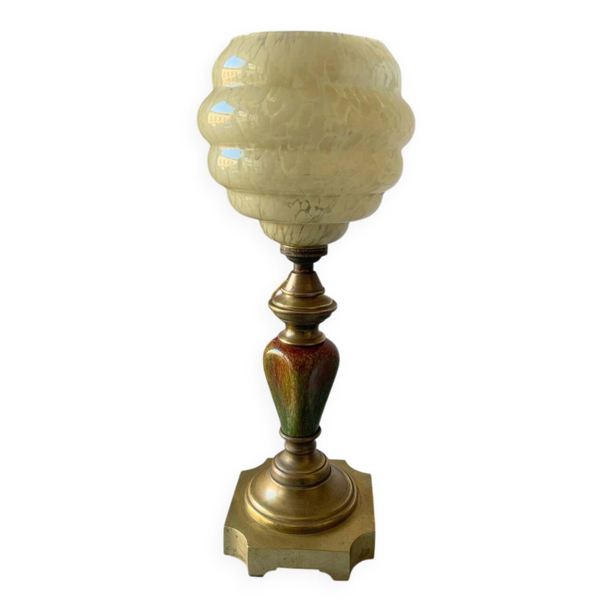 Old ceramic and brass lamp, Clichy glass globe