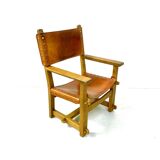 Antique French Handmade Brutalist Oak & Cognac Leather Castle Chair, 1920s.