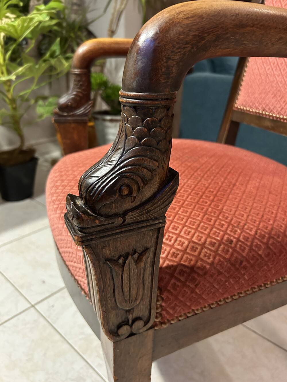 Pair of Empire armchairs, Consulate, walnut and velvet, 19th century.