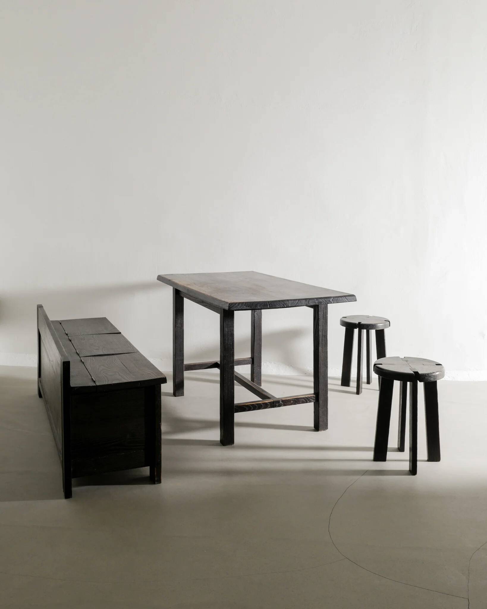 French Mid Century Black Wooden Ebonized Cabin Dining Set, 1950s