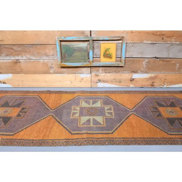 Tapis de couloir en laine turc oushak vintage fait main 111x385