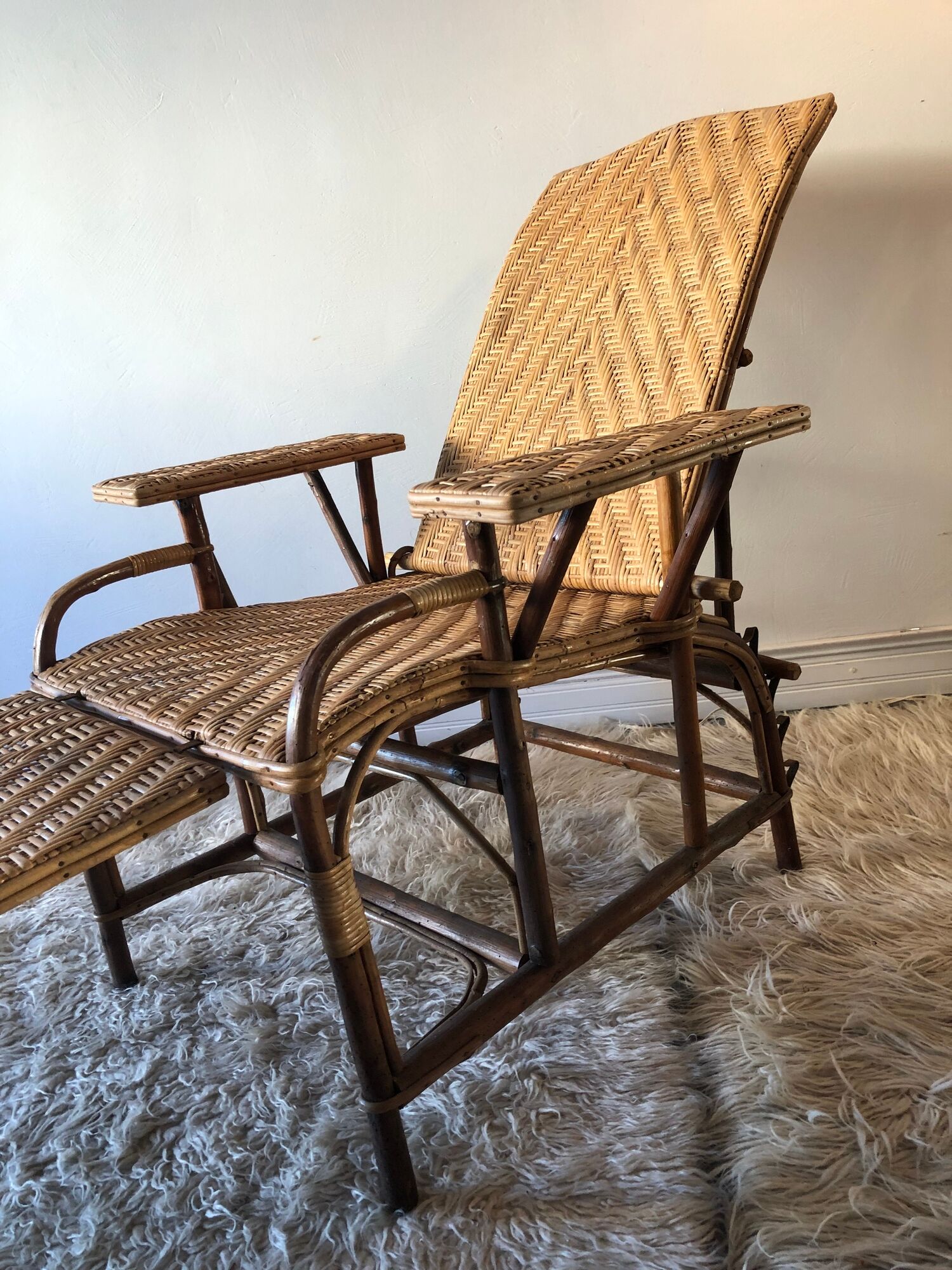 Bamboo and vintage rattan long chair, 40s/50s
